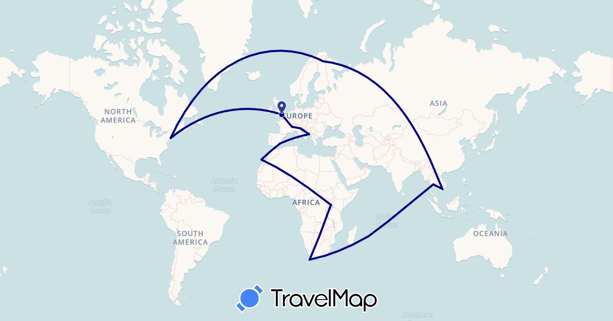 TravelMap itinerary: driving in Spain, Finland, France, United Kingdom, Croatia, Italy, Mauritius, Thailand, Uganda, United States, Vietnam, South Africa (Africa, Asia, Europe, North America)